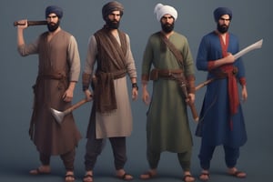 realistic men with Pakistani style with modified axe ,assassin wearing historical outfit