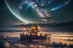 photorealistic photography in high definition, of a mystical fantasy scene, closeup of a Mosque with wing, open wings, flowers and butterflies should be around it, with interstellar space visible in the sky, with golden luminous flashes and shooting stars and Mosque Elevated above the clouds, a mystical and enigmatic scene