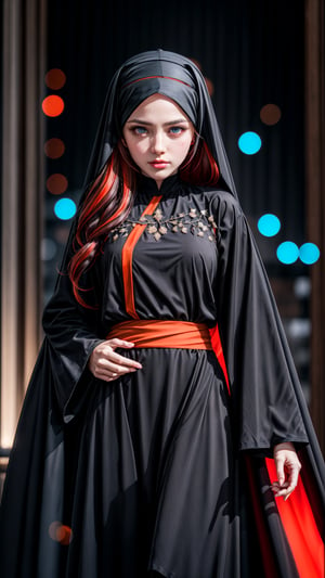 masterpiece,{{{best quality}}},(illustration)),{{{extremely detailed CG unity 8k ,Brilliant light,cinematic lighting,long_focus,Women, (black hair with red streaks in the hair), long_hair,(black-Orange-brown abaya ), blue-eyes, ,blurry_light_background