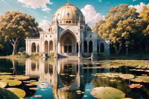 (extremely detailed CG unity 8k wallpaper),(((masterpiece))), (((best quality))), ((ultra-detailed)), (best illustration),(best shadow), ((an extremely delicate and beautiful)),dynamic angle, close-up of a mosque by the lake, beautiful sunny summer day, water lilies in the lake blooming, lush plants, sunlight shining through the white clouds, bold colors, fairy tale, fantasy,wind,classic, (detailed light),feather, nature, (sunlight),beautiful and delicate water,(painting),(sketch),(bloom),(shine), high resolution, high contrast ratio, high detail, high texture, texture surreal high quality figure, ultra high quality, golden ratio