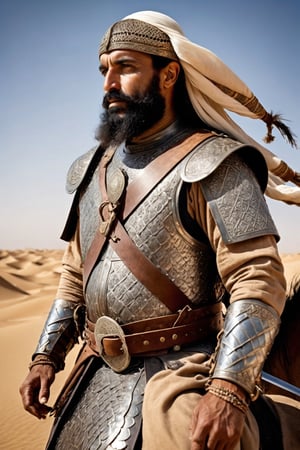  middle-aged Muslim warrior, with a long braided beard, day light, ((detailed clothes)), (Veteran Fortunes) , long hair, a metal helmet adorned with intricate designs and horsehair plumes, armor made of rubber scales pattern, brown leather boots, holding a large sword, desert background,EpicSky,arab