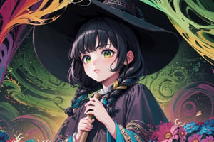 ((painting with a giant brush)) , shining eyes , twin_braid , black hair , little girl, 10 years old, simple green witch's big hat and green robe, intricate details, 32k digital painting, hyperrealism, (vivid color),(abstract background:1.3), (colorful:1.3), (flowers:1.2), (zentangle:1.2), (fractal art:1.1) , parted bangs, SUPER HIGH quality, in 8K , intricate detail, ultra-detailed,chibi,High detailed ,xyzsanart01,fantasy,art