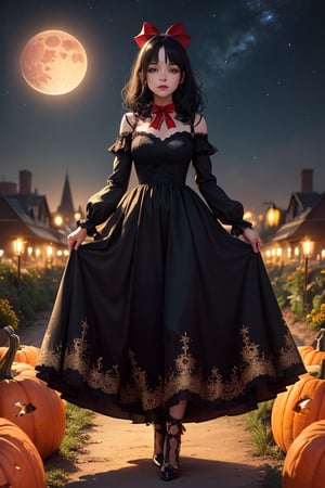 Woman, (black hair with red bow in hair), (black long dress, golden lace), pumpkin garden background, night sky, red moon in sky, full body, (hidden hands), rococo