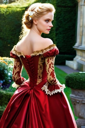 Woman, blond, beautyfull face, red long dress, golden lace, full_body, garden, rococo, Masterpiece,Masterpiece,fantasy00d