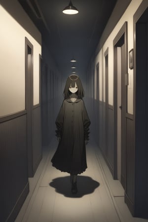 1girl, Creepy, horror,dimly lit hallway,night, masterpiece, best quality, aesthetic,aesthetic