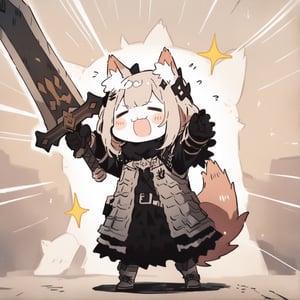 cute knight, 1girl, weapon, sword, :3, holding sword, closed eyes, jacket armor, animal ear fluff, tail, =_=, facing viewer, closed mouth, belt, fox ears,  howl, arms up, emphasis lines, sparkle, chibi, 
masterpiece, best quality, aesthetic