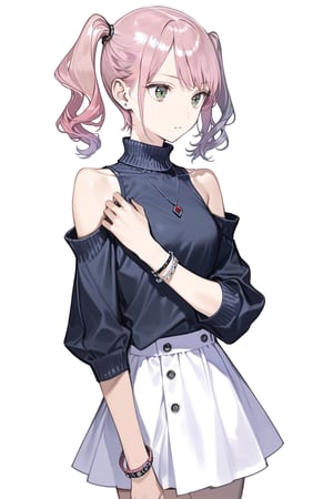 masterpiece, best quality, aesthetic,1girl, realistic, stream, bare shoulders, bracelet, detached sleeves, green eyes, jewelry, pink hair, dark background, short hair, skirt, solo, turtleneck, twintails