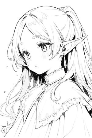 masterpiece, best quality, aesthetic, line_art, monochome,Frieren, elf, pointy ears, drop earrings