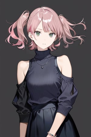 masterpiece, best quality, aesthetic,1girl, realistic, stream, bare shoulders, bracelet, detached sleeves, green eyes, jewelry, pink hair, dark background, short hair, skirt, solo, turtleneck, twintails