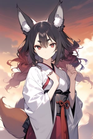 1girl,succubus,  unpigmented geothermal chaos , animal ears, black hair, closed mouth, fox ears, fox girl, fox tail, hair between eyes, hands up, japanese clothes, kimono, long sleeves, looking to the side, obi, red eyes, sash, solo, tail, thick eyebrows, upper body, wide sleeves, masterpiece, best quality, aesthetic,