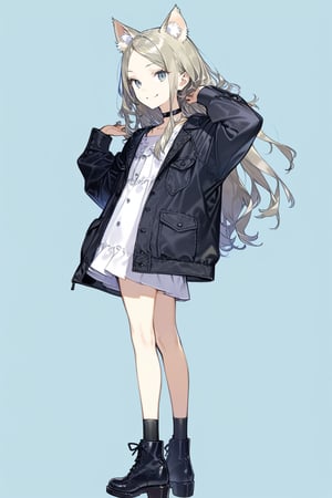 1girl, animal ear fluff, animal ears, black choker, black footwear, blue background, boots, choker, full body, grey hair, jacket, long hair, looking back, open clothes, open jacket, simple background, smile, solo, standing, very long hair, masterpiece, best quality, aesthetic, realistic, 