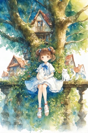 watercolor \(medium\), 1girl, tree, cat, dress, painting, sitting, brown hair, solo, smile, outdoors, on lap, ribbon, white dress, open mouth, building, short sleeves, house, animal on lap, white cat, bangs, puffy sleeves, bow, blue ribbon, blush, shoes, white footwear, hair ribbon, puffy short sleeves, hair bow, flower, twintails, in tree, brown eyes, plant, looking at viewer, arm support, double bun, neck ribbon, hair bun, window, branch, animal, blue bow, day, :d, sandals, ahoge, pale color, railing, grey eyes, frills, scenery, blue dress, full body, short hair, nail polish, rabbit, sitting in tree, bird, frilled dress, town, leaf, red ribbon, socks, petting, medium hair, collared dress, shirt, sunlight, sky, long hair, blue flower, acrylic paint, dutch angle