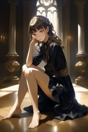 Scoutcore, Neo-Celtic ,beautiful person,, realistic, Sitting with knees bent, one hand on the floor, , , masterpiece, best quality, aesthetic, Create an image in the style of Baroque art, with dramatic lighting, rich colors, and a sense of grandeur and opulence. ,aesthetic