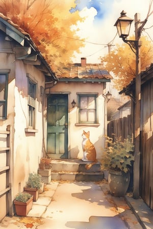 1girl, photographic realism, plains, Changing Season, Alley Cat, door, AUTUMN, watercolor \(medium\),
masterpiece, best quality, aesthetic,