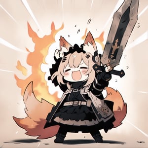 cute knight, 1girl, weapon, sword, :3, holding sword, closed eyes, jacket armor, flaming weapon, animal ear fluff, tail, =_=, facing viewer, closed mouth, belt, fox ears,  howl, arms up, emphasis lines, 
masterpiece, best quality, aesthetic