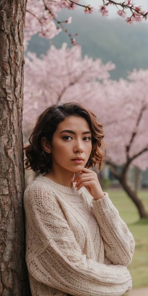 film photography aesthetic, film grain, cinematic,female late twenties, strong, central asian, honey eyes, oblong face shape, symmetrical eyes, , orchid curly haircut hair, awe wearing jogger pants, crochet sweater, cherry_blossom, hands on chin, deep in contemplation, A colossal tree in the center of a village, its branches reaching the clouds, housing the spirits of ancestors, , close-up, thrilling,rocky,smoky,exosphere,
