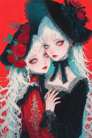 two women with white hair and red roses on their heads, one of them is hugging the other's head, a detailed painting, gothic art, multiple girls, 2girls, long hair, looking at viewer, flower, red flower, parted lips, puffy sleeves, hat, dress, rose, green eyes, bangs, red background, upper body, juliet sleeves, red rose, long sleeves, red dress, white hair, hat flower, black headwear, makeup, black dress, red lips, frills, lace, lace trim, siblings, heads together, aqua eyes, masterpiece, best quality, aesthetic,