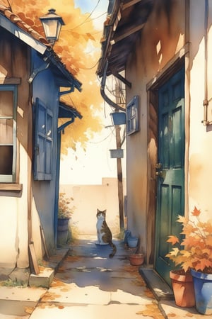 1girl, photographic realism, plains, Changing Season, Alley Cat, door, AUTUMN, watercolor \(medium\),
masterpiece, best quality, aesthetic,