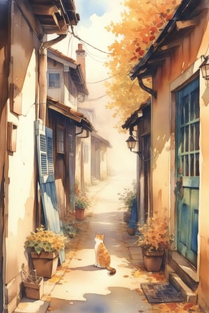 1girl, photographic realism, plains, Changing Season, Alley Cat, door, AUTUMN, watercolor \(medium\),
masterpiece, best quality, aesthetic,