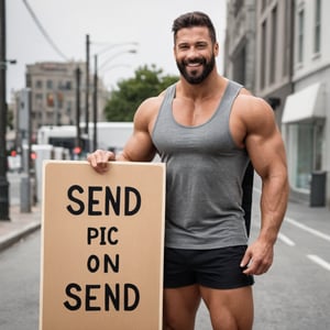 A muscular strong man holding a board that says "send pic on", 