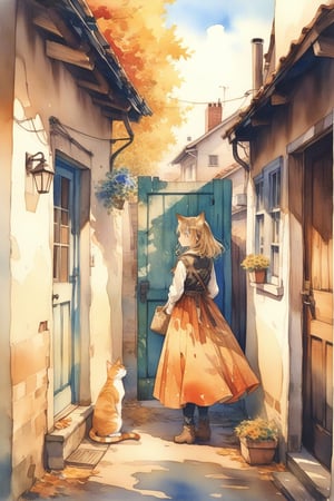 1girl, solo, photographic realism, plains, Changing Season, Alley Cat, door, AUTUMN, watercolor \(medium\),
masterpiece, best quality, aesthetic,