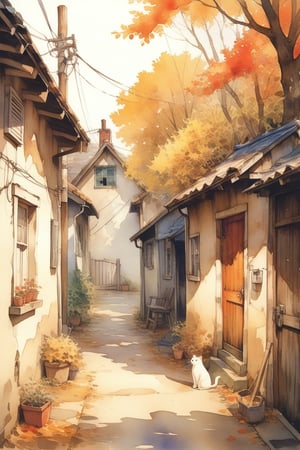 1girl, solo, photographic realism, plains, Changing Season, Alley, Cat, door, AUTUMN, watercolor \(medium\),
masterpiece, best quality, aesthetic,