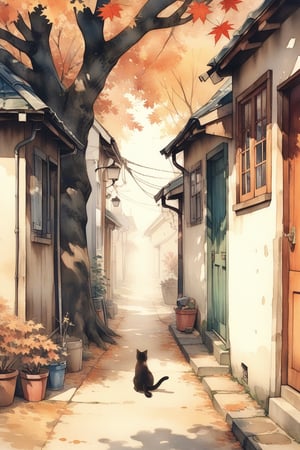 1girl, solo, photographic realism, plains, Changing Season, Alley, Cat, door, AUTUMN, maple tree, maple leaf, watercolor \(medium\),
masterpiece, best quality, aesthetic,