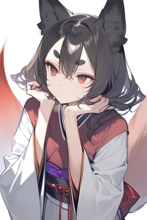 1girl,succubus,  unpigmented geothermal chaos , animal ears, black hair, closed mouth, fox ears, fox girl, fox tail, hair between eyes, hands up, japanese clothes, kimono, long sleeves, looking to the side, obi, red eyes, sash, solo, tail, thick eyebrows, upper body, wide sleeves, masterpiece, best quality, aesthetic,