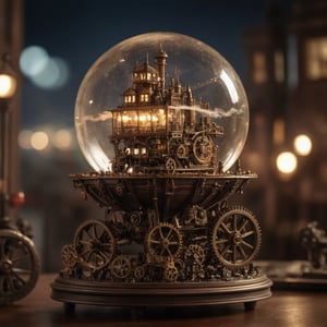 Intricate glass orb, steampunk city miniature, moving gears, steam-powered vehicles, airships, mechanical smoke, brass stand, cogs and wheels, city lights reflections on glass, hyperrealistic, epic composition, film grain, bokeh, soft focus, cinematic lighting