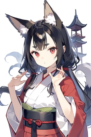 1girl,succubus,  unpigmented geothermal chaos , animal ears, black hair, closed mouth, fox ears, fox girl, fox tail, hair between eyes, hands up, japanese clothes, kimono, long sleeves, looking to the side, obi, red eyes, sash, solo, tail, thick eyebrows, upper body, wide sleeves, masterpiece, best quality, aesthetic,aesthetic