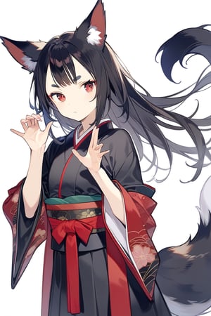 1girl,succubus,  unpigmented geothermal chaos , animal ears, black hair, closed mouth, fox ears, fox girl, fox tail, hair between eyes, hands up, japanese clothes, kimono, long sleeves, looking to the side, obi, red eyes, sash, solo, tail, thick eyebrows, upper body, wide sleeves, masterpiece, best quality, aesthetic,aesthetic