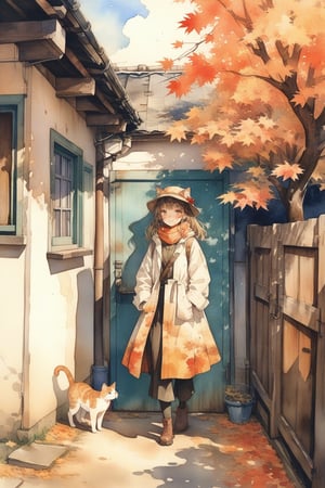 1girl, solo, photographic realism, plains, Changing Season, Alley, Cat, door, AUTUMN, maple tree, maple leaf, watercolor \(medium\),
masterpiece, best quality, aesthetic,