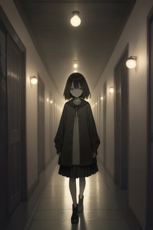 1girl, Creepy, horror,dimly lit hallway,night, masterpiece, best quality, aesthetic,