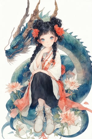 watercolor \(medium\), 1girl, solo, flower, blue eyes, black hair, long hair, sitting, smile, looking at viewer, long sleeves, pants, very long hair, braid, hair bun, red flower, horns, double bun, bug, painting (medium), full body, white background, blush, bangs, closed mouth, eyeshadow, coral, hair ornament, twintails, sash, makeup, shoes, tail, head rest, dragon girl, wide sleeves, signature, knees up, dragon tail, dragon, hand up, dragon horns, butterfly, shirt, antennae, black pants, white footwear, twin braids, head fins, spider lily, hand on own face, pink flower, white flower, white shirt, japanese clothes, wings, hand on own chin, boots