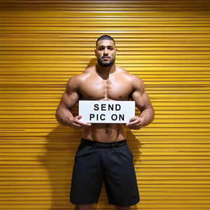 film photography aesthetic, film grain, cinematic, A muscular strong man holding a board that says "send pic on", cinematic lighting,