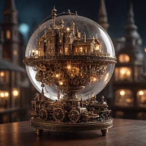 Intricate glass orb, steampunk city miniature, moving gears, steam-powered vehicles, airships, mechanical smoke, brass stand, cogs and wheels, city lights reflections on glass, hyperrealistic, epic composition, film grain, bokeh, soft focus, cinematic lighting