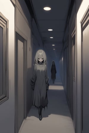 1girl, Creepy, horror,dimly lit hallway,night, masterpiece, best quality, aesthetic