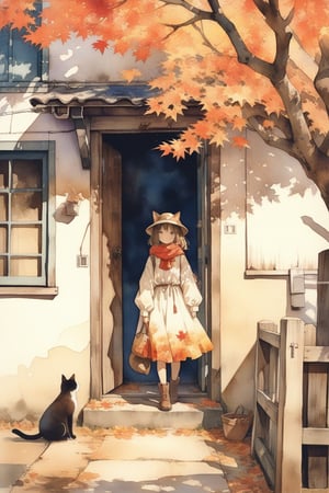 1girl, solo, photographic realism, plains, Changing Season, Alley, Cat, door, AUTUMN, maple tree, maple leaf, watercolor \(medium\),
masterpiece, best quality, aesthetic,