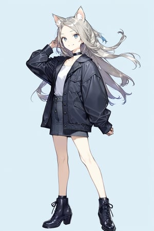 1girl, animal ear fluff, animal ears, black choker, black footwear, blue background, boots, choker, full body, grey hair, jacket, long hair, looking back, open clothes, open jacket, simple background, smile, solo, standing, very long hair, masterpiece, best quality, aesthetic, realistic, 