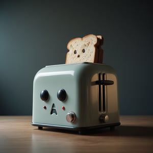 film photography aesthetic, film grain, cinematic, An inventor's latest creation, a talking toaster, Toast with a face, perspective, convolute,decaying,cylopean,darkened,ambiguous,stately,