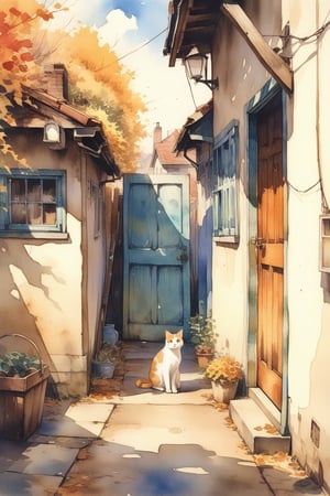 1girl, solo, photographic realism, plains, Changing Season, Alley, Cat, door, AUTUMN, watercolor \(medium\),
masterpiece, best quality, aesthetic,