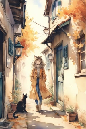 1girl, solo, photographic realism, plains, Changing Season, Alley Cat, door, AUTUMN, watercolor \(medium\),
masterpiece, best quality, aesthetic,