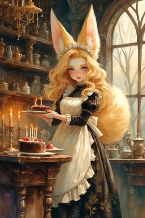 cute anime girl with massive fluffy fennec ears and a big fluffy tail blonde messy long hair blue eyes wearing a maid outfit with a long black gold leaf pattern dress and a white apron mouth open holding a fancy black forest cake with candles on top in the kitchen of an old dark Victorian mansion lit by candlelight with a bright window to the foggy forest and very expensive stuff everywhere,watercolor \(medium\)