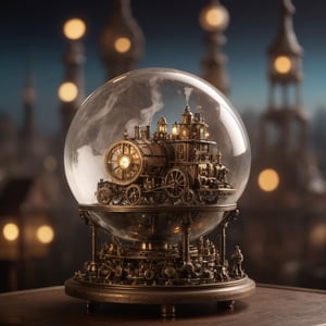 Intricate glass orb, steampunk city miniature, moving gears, steam-powered vehicles, airships, mechanical smoke, brass stand, cogs and wheels, city lights reflections on glass, hyperrealistic, epic composition, film grain, bokeh, soft focus, cinematic lighting