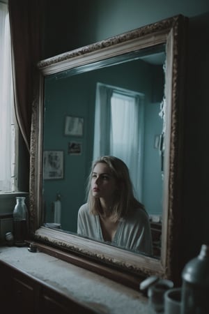 film photography aesthetic, film grain, cinematic, horror,A woman discovers her reflection in the mirror has a life of its own, from side, reconstructed,ambiance,frozen,alien worlds,noxious,searing,toxicant,