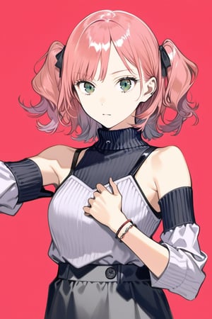 masterpiece, best quality, aesthetic,1girl, realistic, stream, bare shoulders, bracelet, detached sleeves, green eyes, jewelry, pink hair, red background, short hair, skirt, solo, turtleneck, twintails