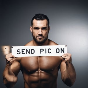 film photography aesthetic, film grain, cinematic, A muscular strong man holding a board that says "send pic on", cinematic lighting,