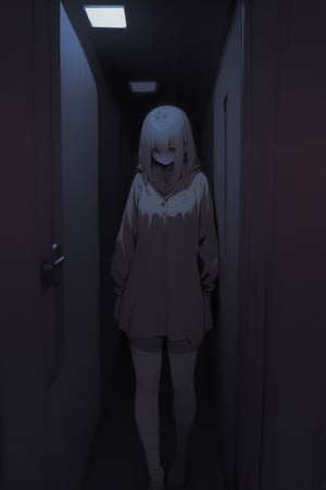 1girl, Creepy, horror,dimly lit hallway,night, masterpiece, best quality, aesthetic,