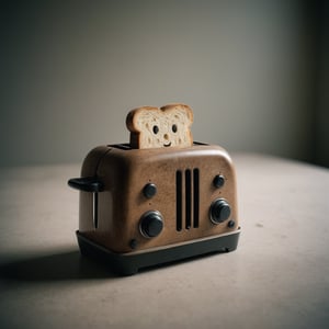 film photography aesthetic, film grain, cinematic, An inventor's latest creation, a talking toaster, Toast with a face, perspective, convolute,decaying,cylopean,darkened,ambiguous,stately,