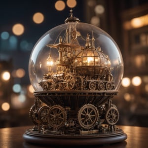 Intricate glass orb, steampunk city miniature, moving gears, steam-powered vehicles, airships, mechanical smoke, brass stand, cogs and wheels, city lights reflections on glass, hyperrealistic, epic composition, film grain, bokeh, soft focus, cinematic lighting